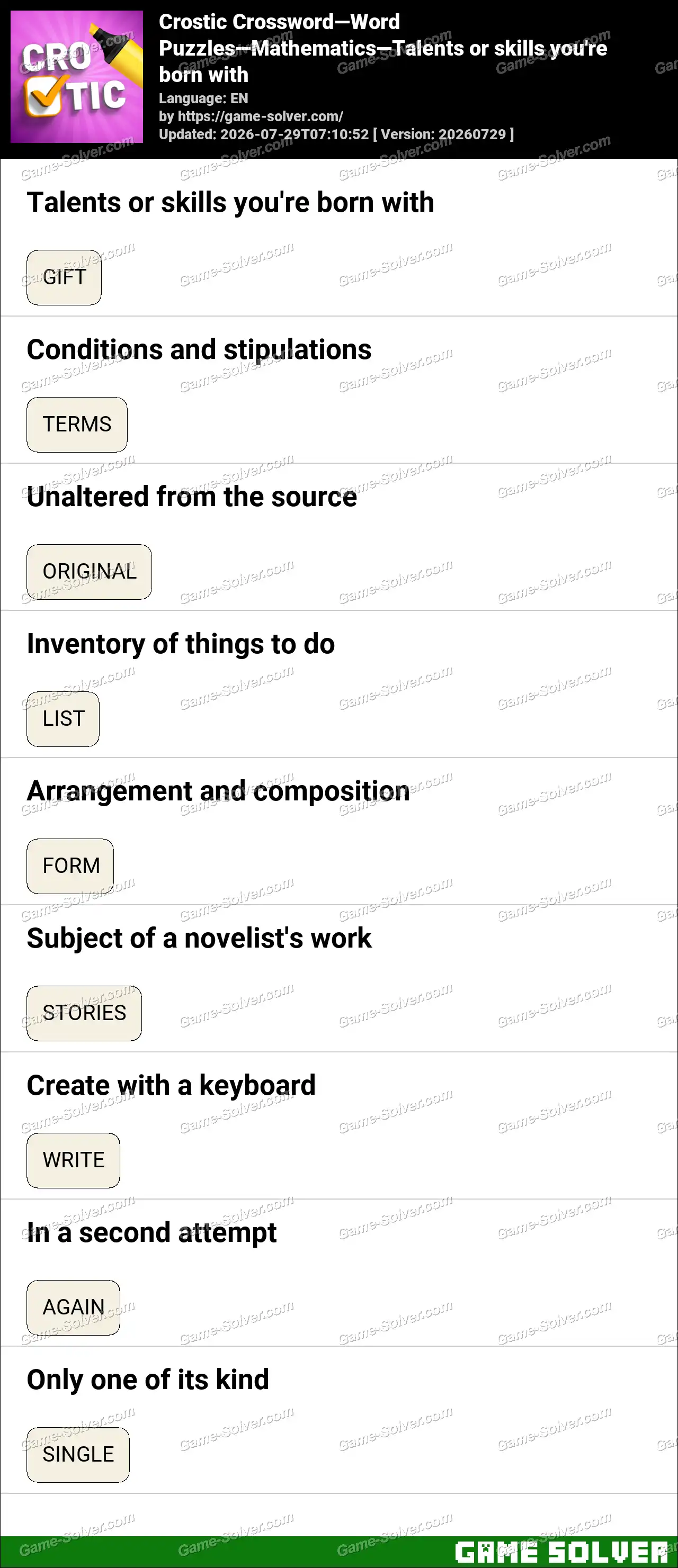 Crostic Crossword-Word Puzzles-Mathematics-Talents or skills you’re born with